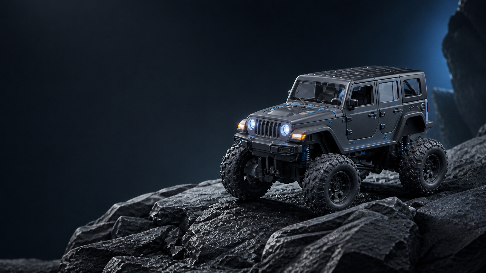 Gunmetal RC off-road Jeep on a dark rocky terrain set