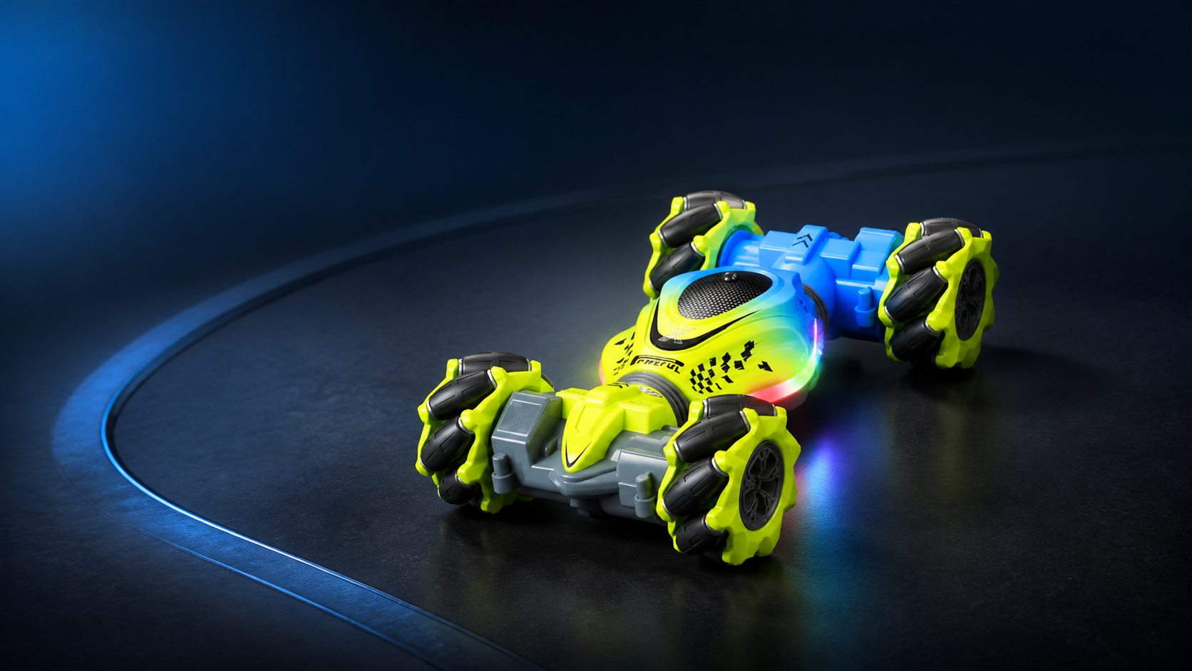 Neon lime and blue RC stunt car on a dark track