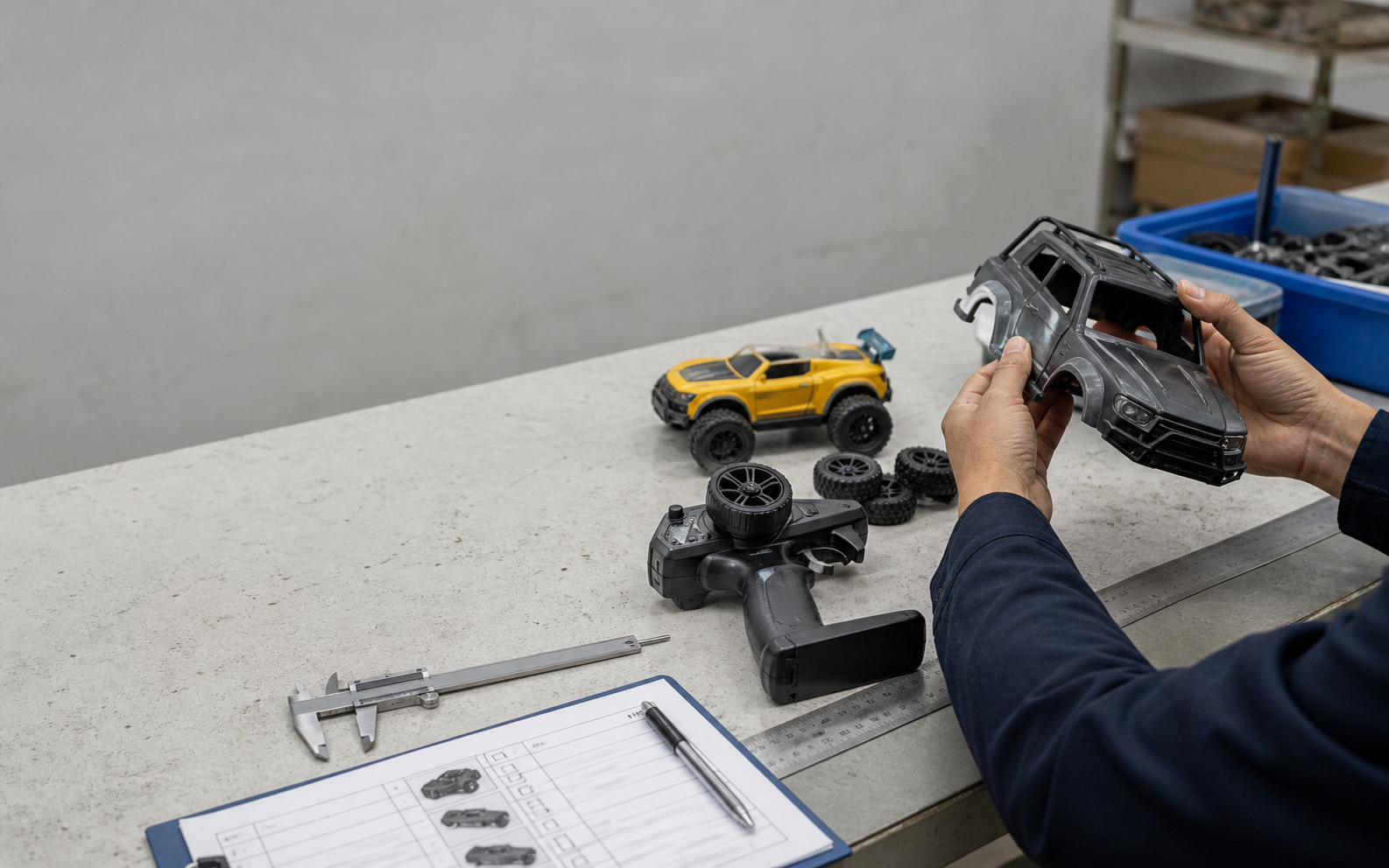 Illustrative RC car quality inspection workbench